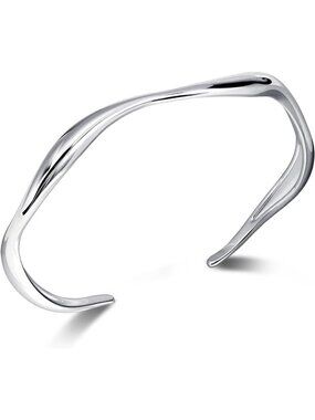 Adjustable Thin Wavy Cuff Bracelet - Irregular Bangle for Women in Silver & Gold